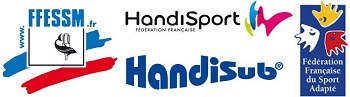 logos de la fédération F.F.E.S.S.M, de la fédération françaçse handisport, logo Handisub, et logo de la fédération française du sport adapté