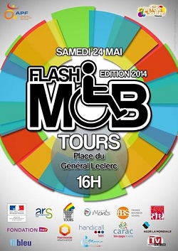 affiche de la manifestation, très colorée, avec le mot flash'mob inscrit en gros caractère, le O étant remplacé par le symbole des personnes à mobilité réduite, en fauteuil roulant