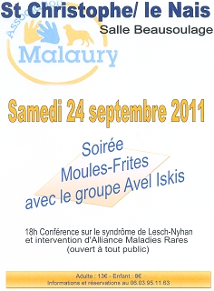 Affiche de la soirée sur fond blanc , toutes les informations sont écrites en bleu et jaune, couleurs du logo de l'association
