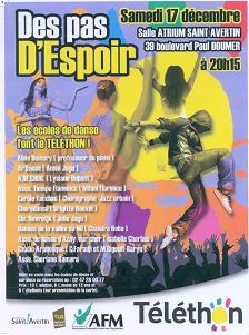 Affiche de la soirée des Pas d'espoir avec la liste des troupes de danseurs qui danseront ce soir là, en image de fond on voit une danseuse indienne, une danseuse classique, une danseuse de dos et un danseurde danse urbaine