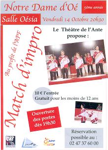 Affiche écrite en rouge sur fond blanc annonçant le match d'impro du 14 octobre avc 2 photo de la troupe du théâtre de l'Ante