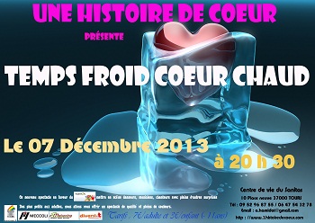 Affiche du spectcle, sur fond bleu glacé, un coeur rose est prisonnier dans un glaçon en train de fondre