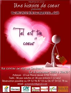 Affiche du spectacle où l'on voit un petit bonhomme blanc avec un pinceau imprégné de couleur rouge devant un gros coeur rouge rose et blanc dans lequel est inscrit le titre du spectacle : tel est ton coeur