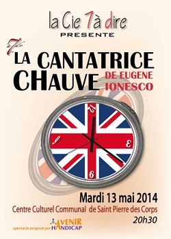 affiche de l'évènement illustrée avec une horloge aux couleurs du drapeaux britannique, la cantatrice chauve, mardi 13 mai 2014