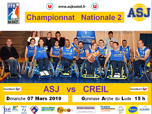 Affiche présentant l' équipe handisport de l' Avenir Sportif Jocondien et annonçant le match du 7 mars