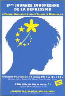 Affiche de la huitième journée européenne de la dépression où l'on voit les contours d'un visage féminin de profil en bleu sur fonds blanc un cercle d' étoiles jaunes dans les cheveux et la tige d'une fleur jaune qui passe au travers de ce cercle