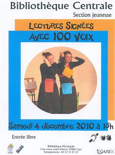 Affiche présentant les lectures signées où l'on voit deux comédiennes de la compagnie 100 Voix faire des signes de la langue des signes française