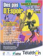 Affiche de la soirée "des pas d'espoir" où l'on voit 4 personnes représentant des styles de danse différente au dessus d'une foule dont on ne voit que les mains tendues vers le haut, le tout sur un fons de couleur vives avec le symbole soleil du Téléthon