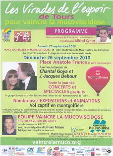 Affiche des Virades de l'Espoir de Tours, programme sur fond vert avec les logos des partenaires et les photos des personnalités connues qui seront présentes, Michel Cymès, Chantal Goya et Jean-Jacques Debout et Olivier Minne