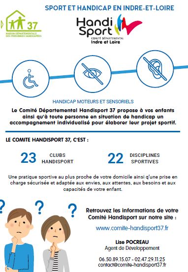 Affiche du comite départemental handisport avec les pictogrammes du handicap moteur, du handicap visuel et du handicap auditif, logo de la M.D.P.H, logo du C.D.H et phrase pour reprendre les missions.