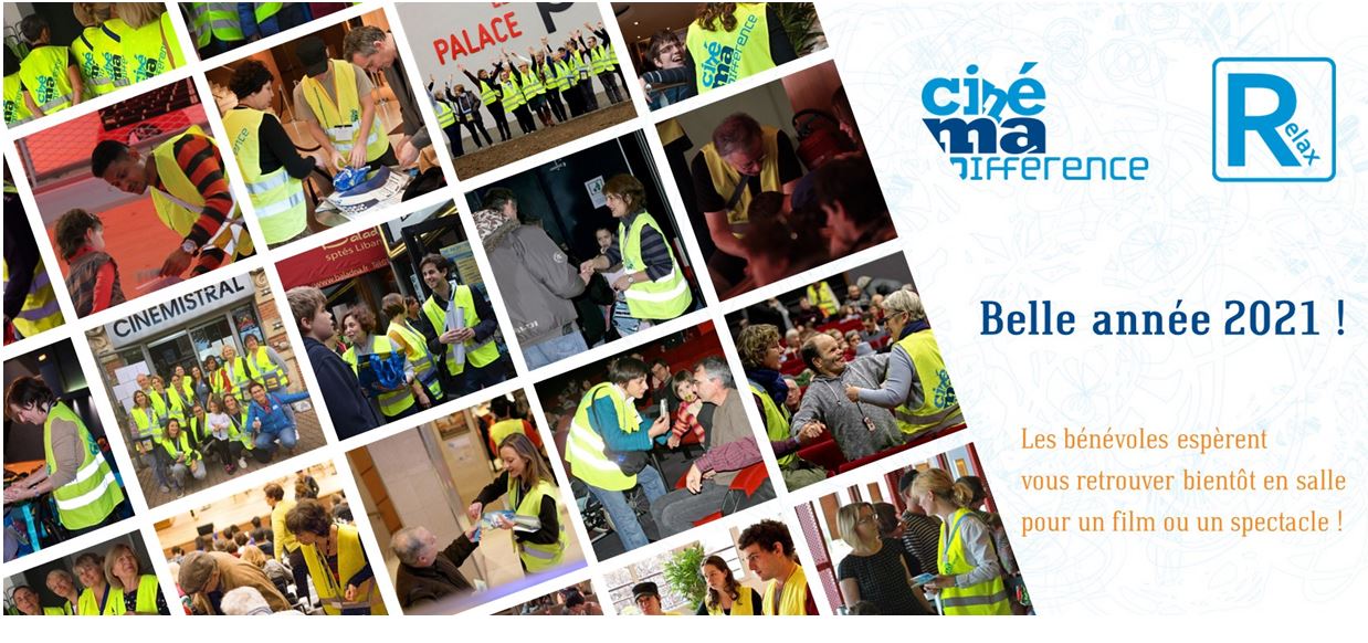 Carte de voeux de ciné-ma différence composée de photos des bénévoles avec leur gilet jaune qui accompagnent les spectateurs en situation de handicap.