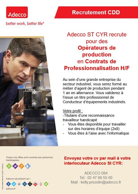 Affiche du recrutement, descriptif du poste, coordonnées d'adecco et image d'un homme en bleu de travail qui règle une machine industrielle.