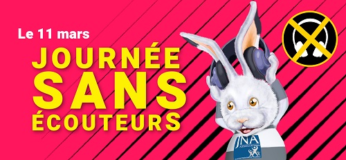 lapin qui enlève ses écouteurs de ses grandes oreilles pour la journée sans écouteurs