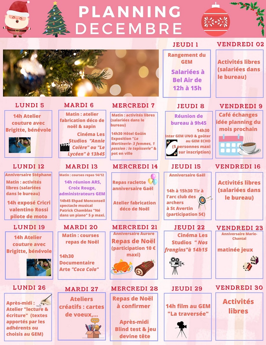 Calendrier une case pour un jour avec les activités proposées.