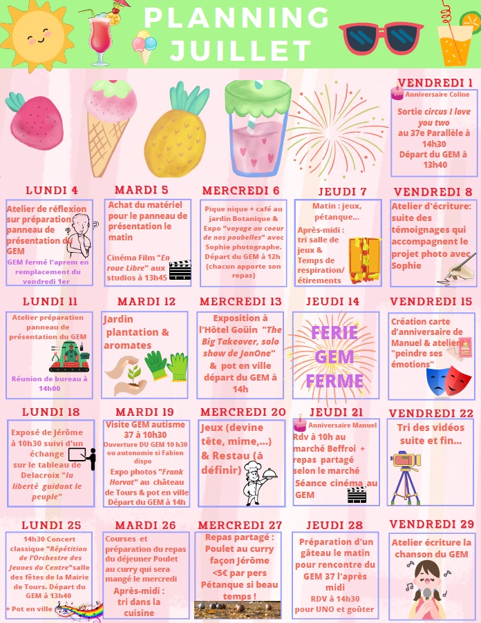 calendrier avec toutes les activités quotidiennes proposées.