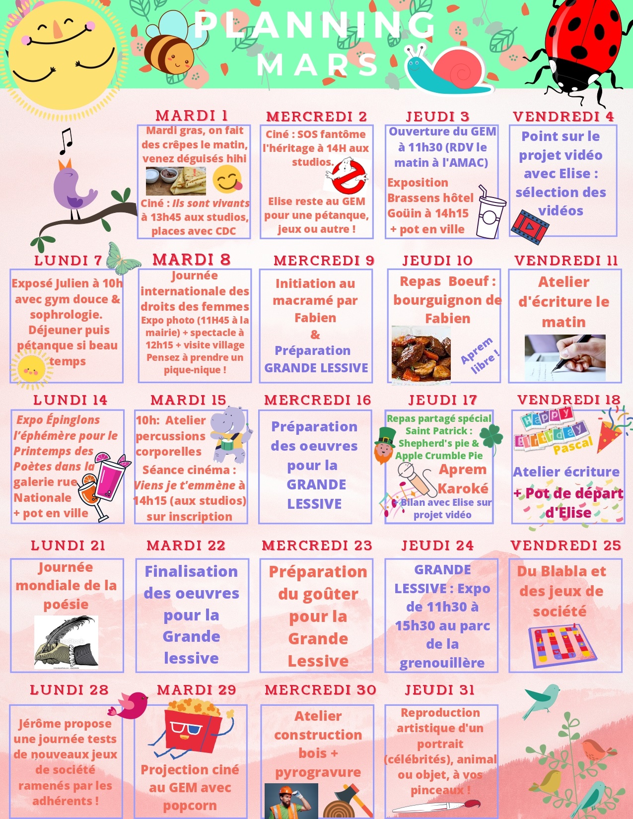 calendrier avec une activité par jour