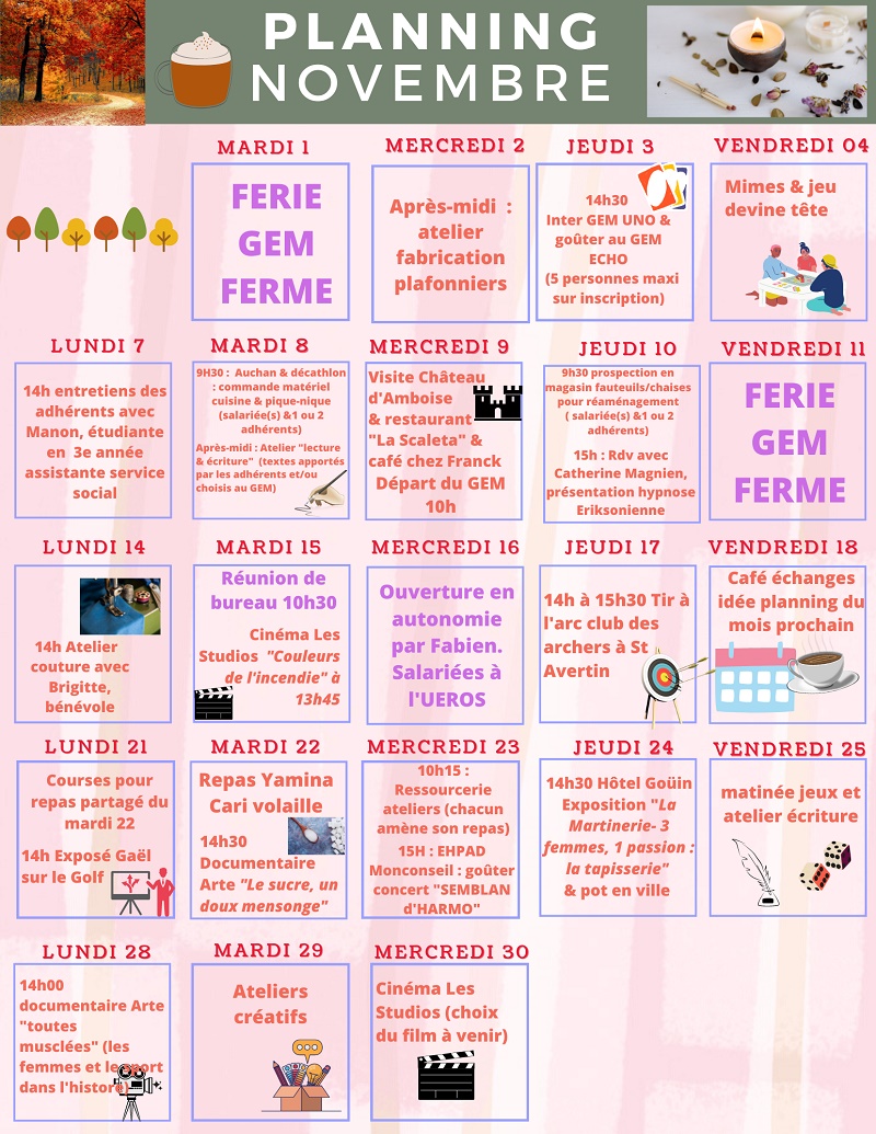 calendrier une case par jour avec les activités pour chaque journée