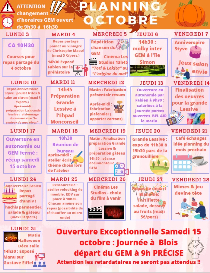 calendrier avec les activités dans chaque case correspondant à une journée