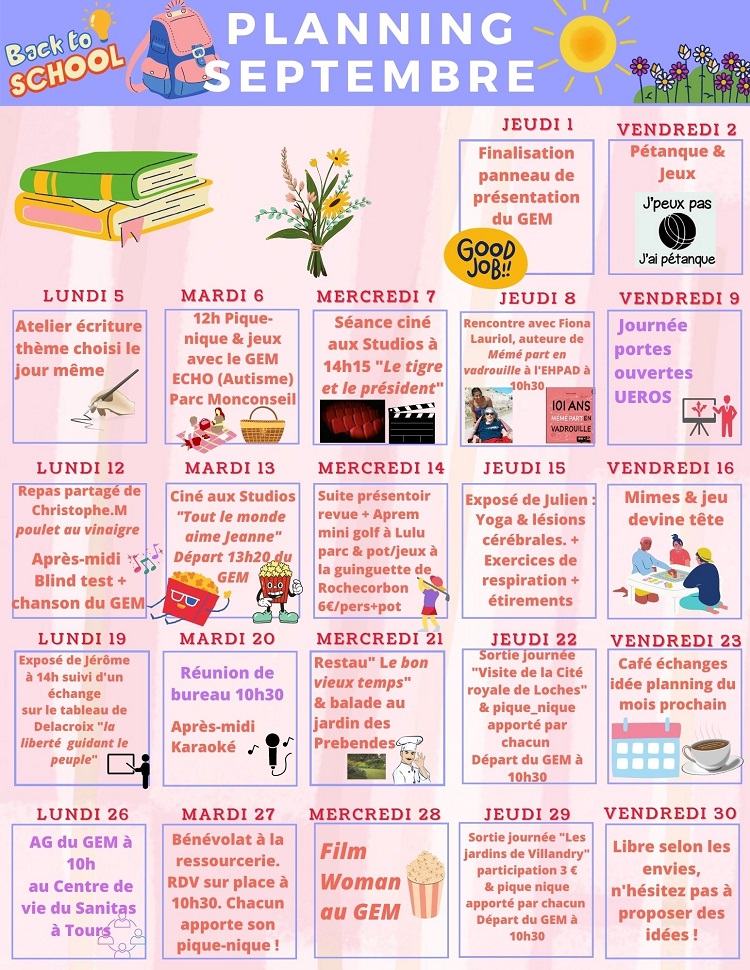 programme sous forme de calendrier des activités du mois de septembre