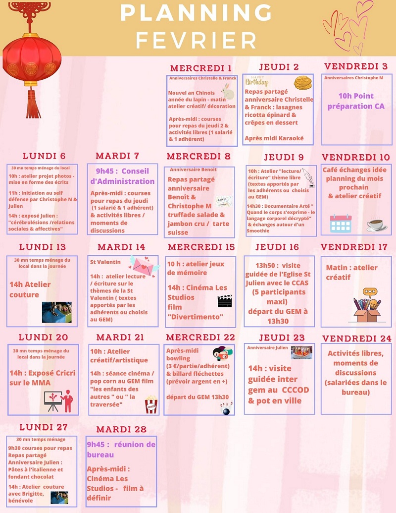 Calendrier quotidien avec toutes les activités proposées dans une case par jour