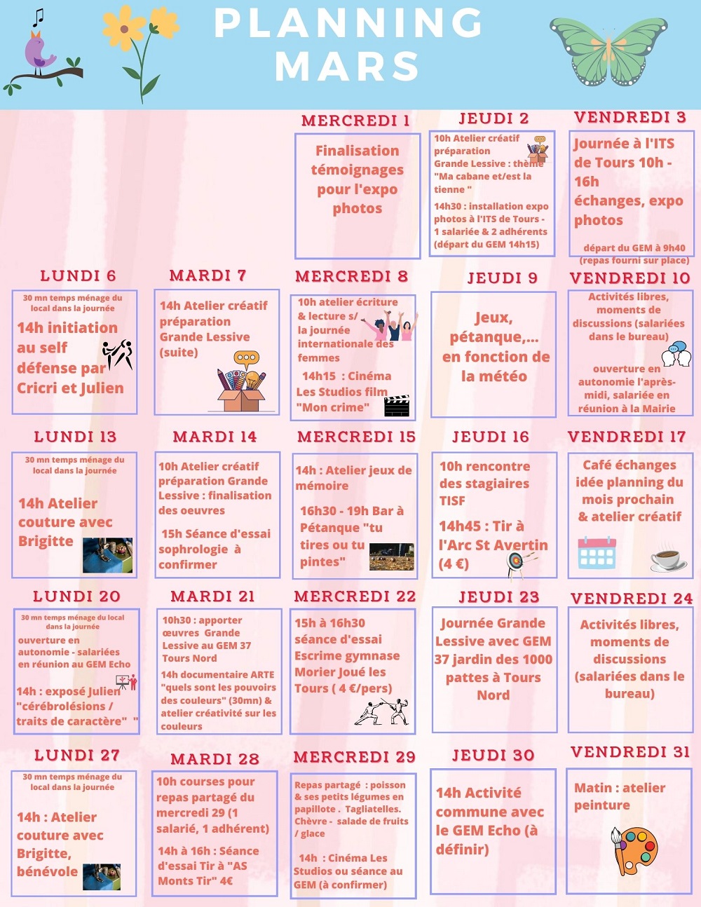 Calendrier journalier de toutes les activités proposées par le G.E.M l'Elan