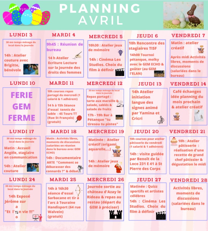 Calendrier mensuel avec les activités jour par jour