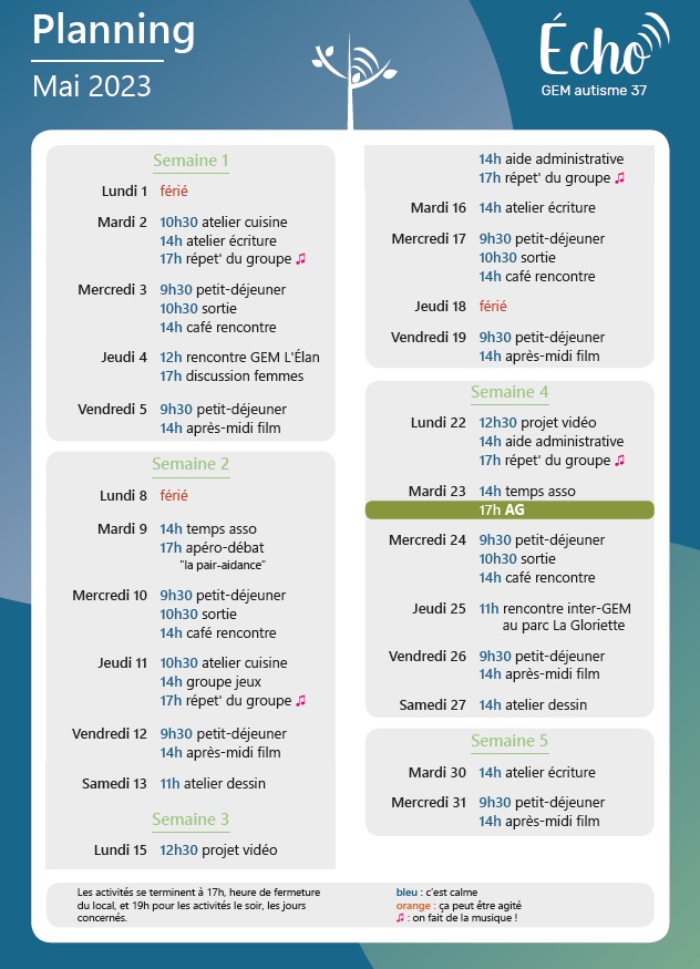 Planning du G.EM. Echo en liste d'activités par semaine