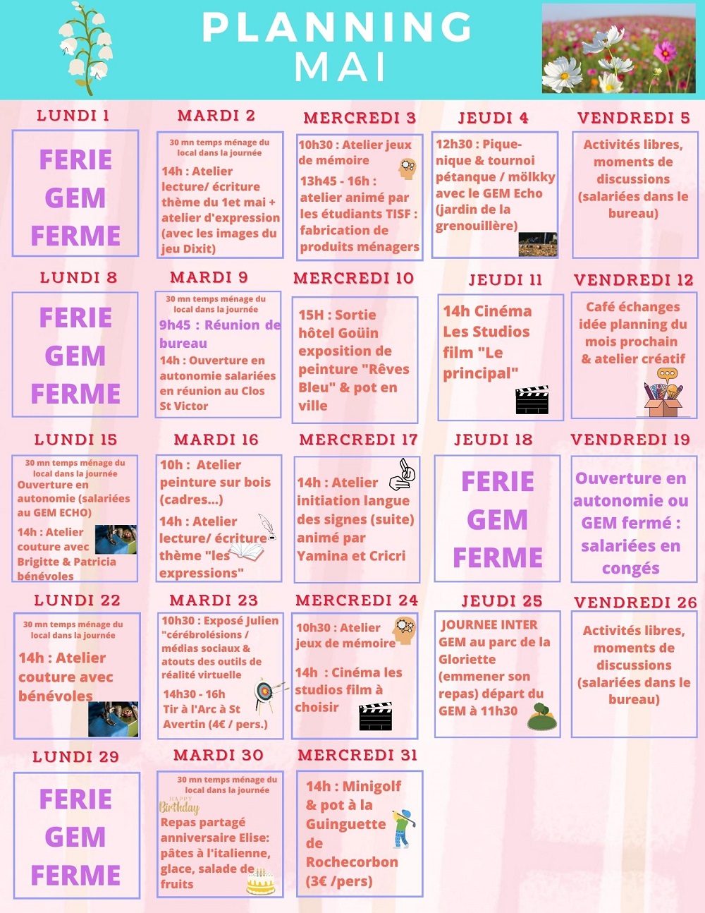 Calendrier une case par jour avec l'activité proposée