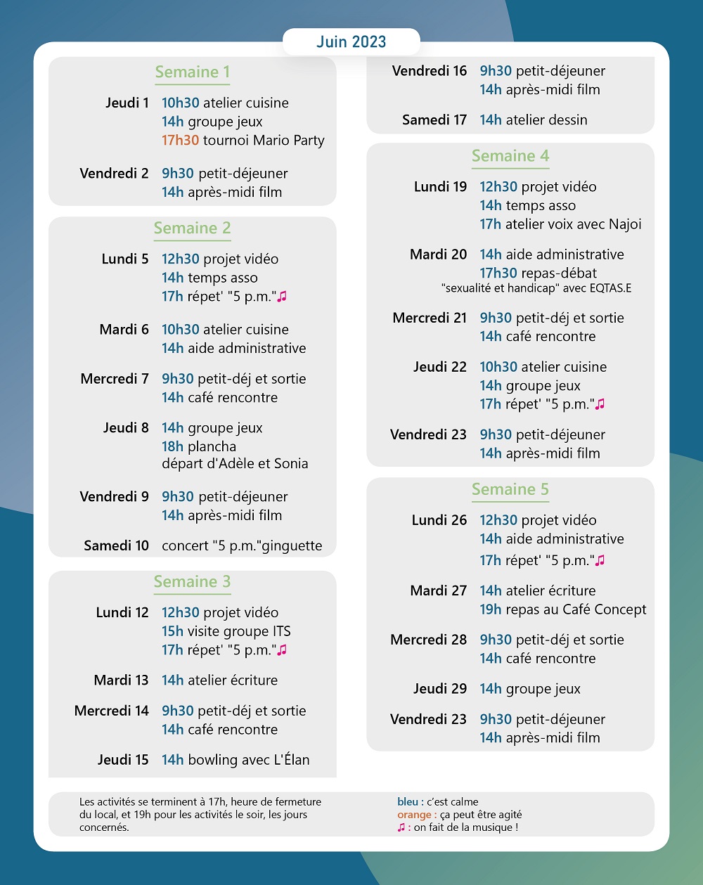 liste de toutes les activités du G.E.M jour par jour