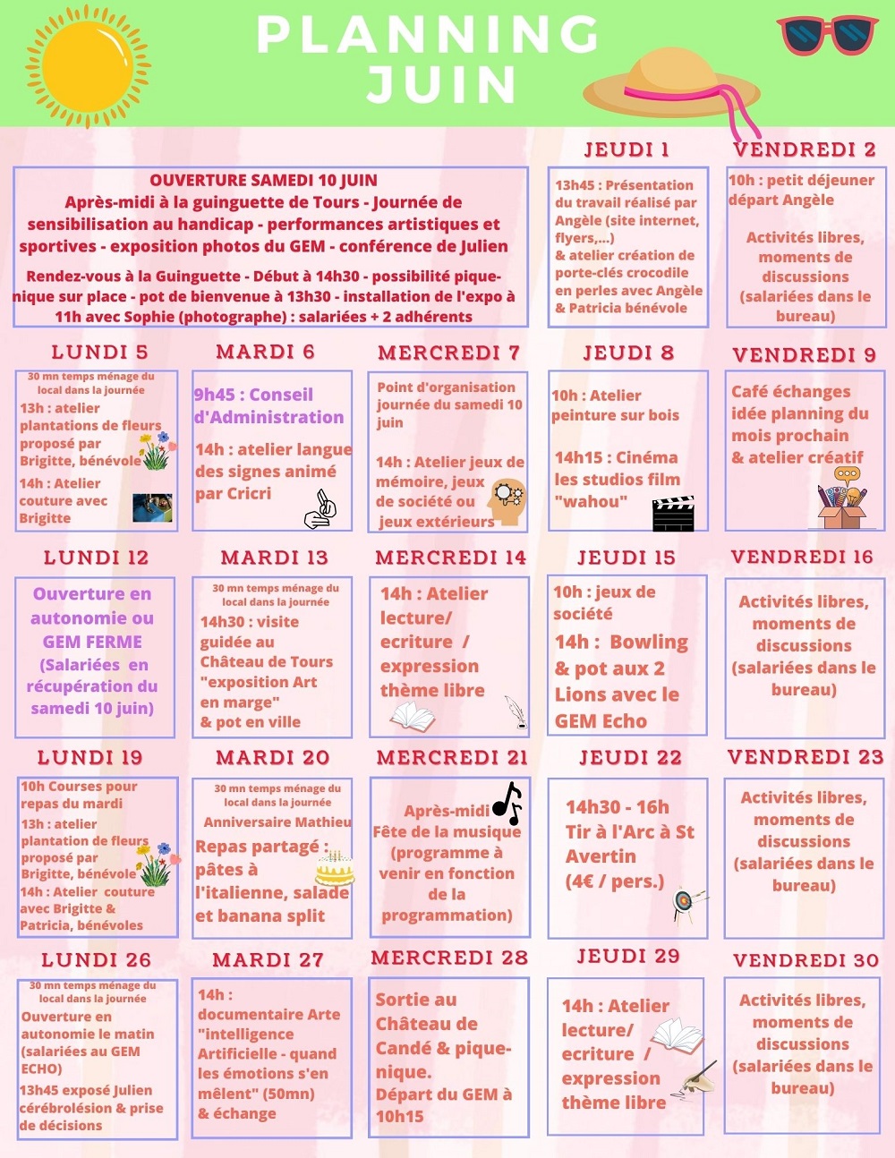 Calendrier une case par jour avec les activités proposées pour chaque jour.