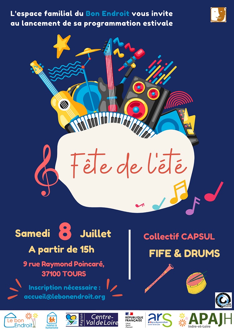 Affiche avec une guitaren un piano, une batterie, des micros une enceinte et des notes de musiques