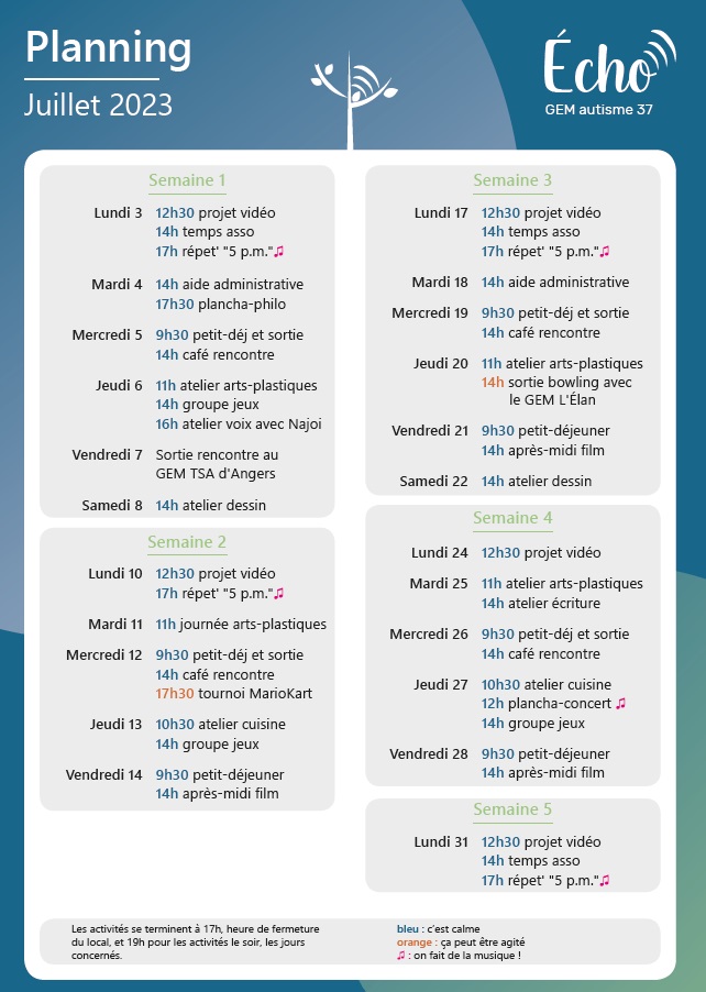 Planning du G.E.M Echo du mois de juillet jour par jour