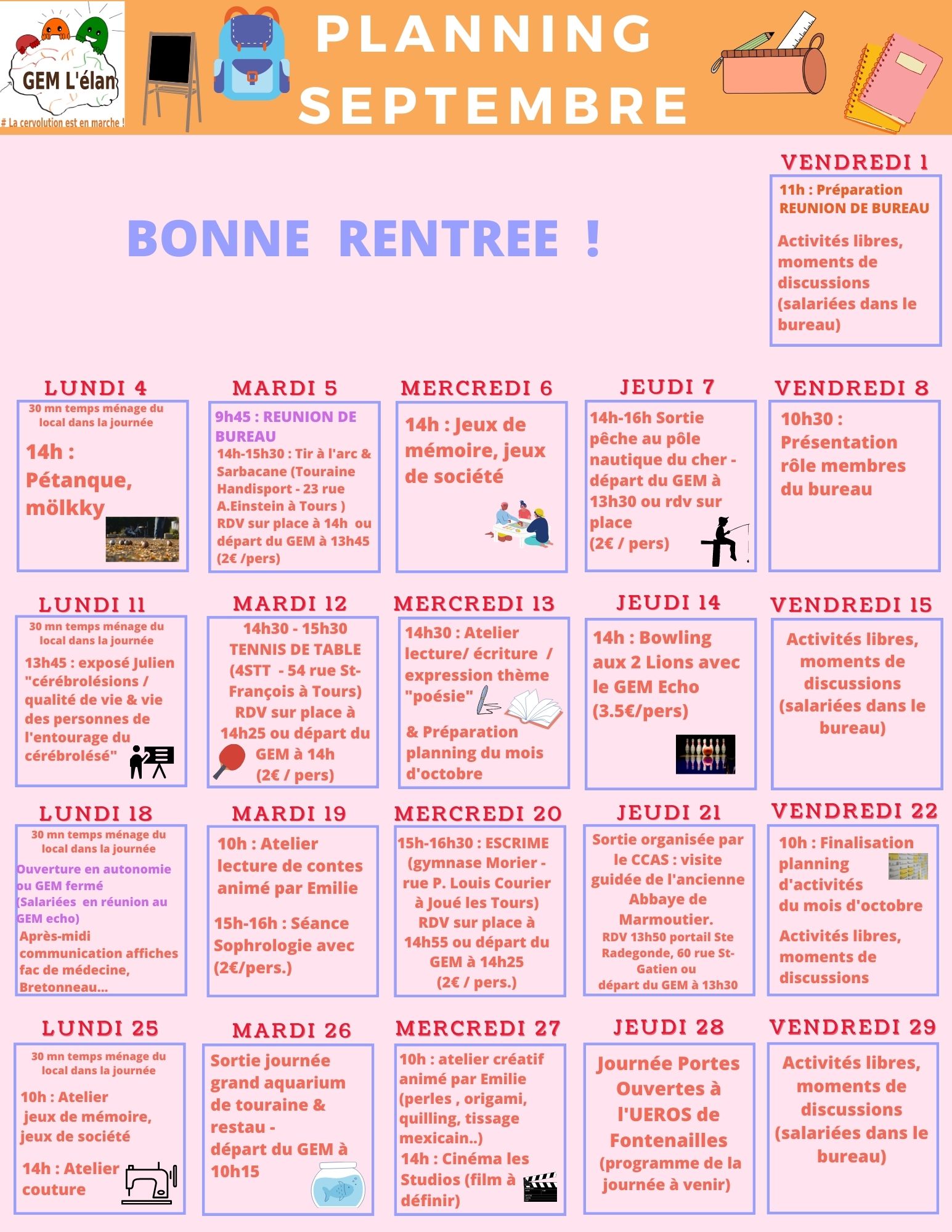 Calendrier avec les activités prévues pour chaque jour