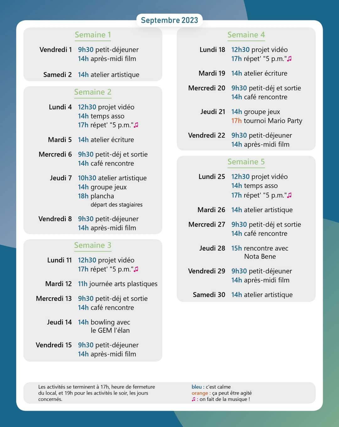 planning des activités jour par jour