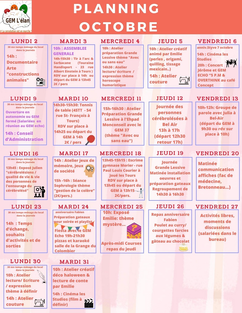 Calendrier avec les activités jour par jour