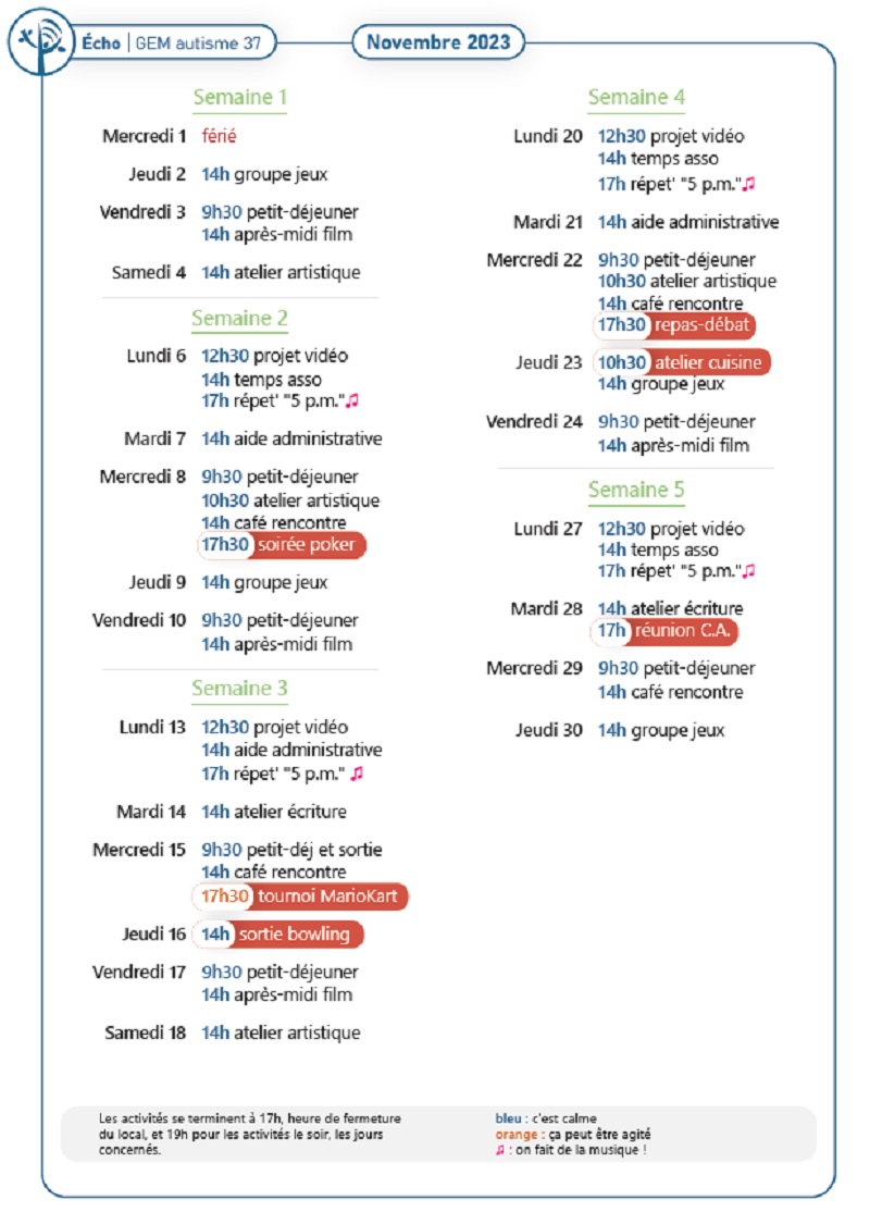 Planning quotidien des activités proposées