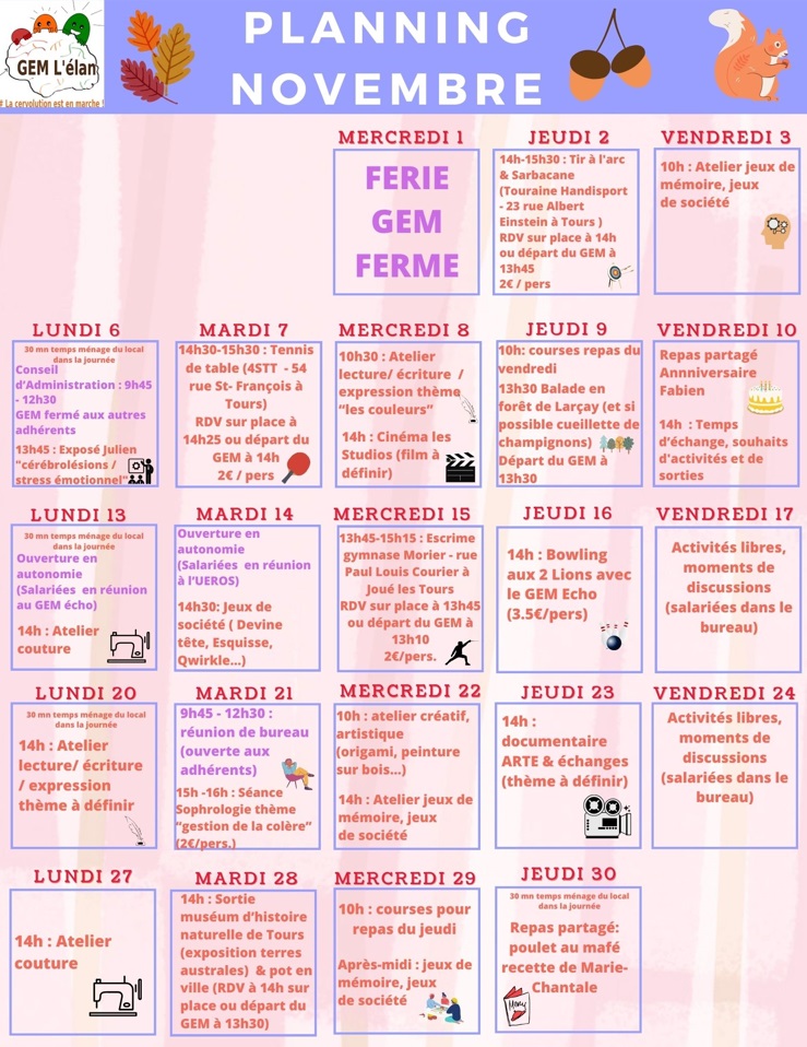 Calendrier des activités jour par jour