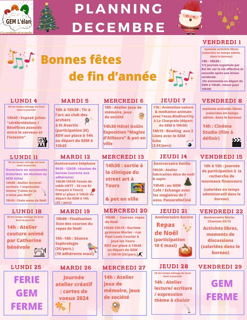 Calendrier quotidien des activités