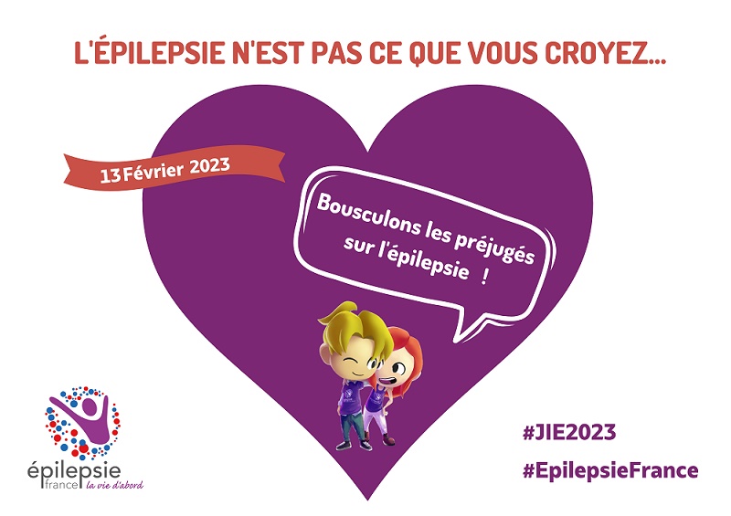 coeur violet avec un personnage féminin et un masculin, dans une bulle de conversation : Bousculons les préjugés sur l'épilepsie.