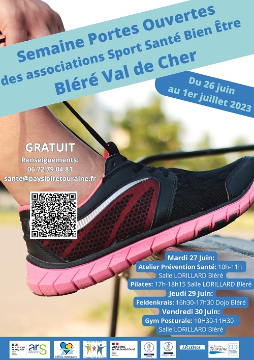 Affiche avec une basket noire à semelle rose, qu'une personne est en train de lacer