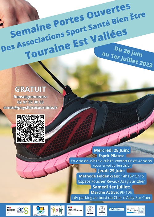 Affiche avec une basket noire à semelle rose qu'une personne est en train de lacer