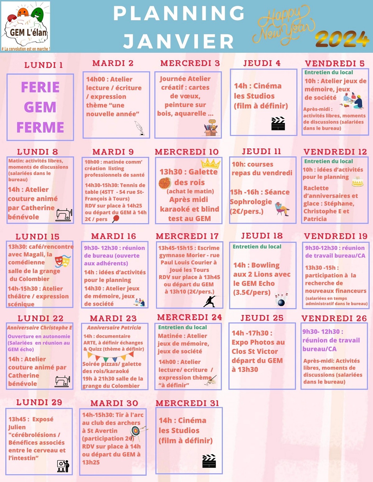 Calendrier avec les activités jour par jour