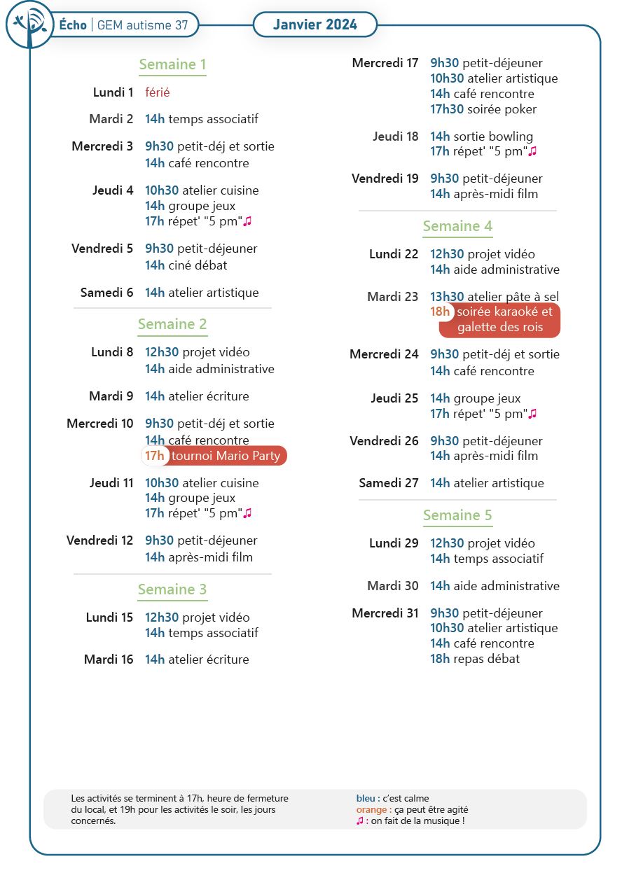 Planning de janvier avec les activités jour par jour