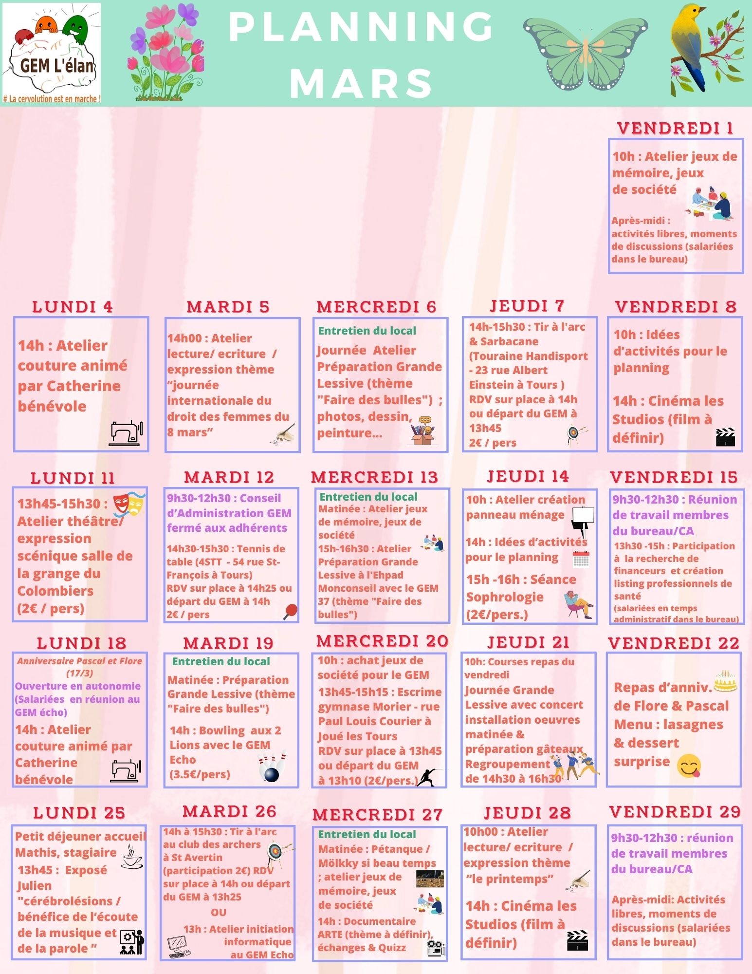 Calendrier des activités, une case égale un jour