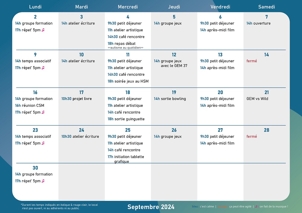 Calendrier 1 case par jour avec les activités