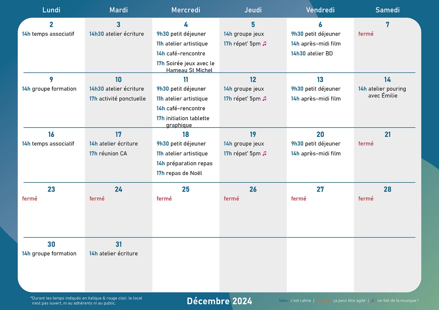 Calendrier une case par jour avec les activités dans chaque case