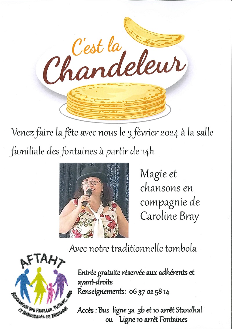 Affiche pour la chandleur, avec une image de crêpe qu'on fait sauter le la photo de l'artiste qui sera présente