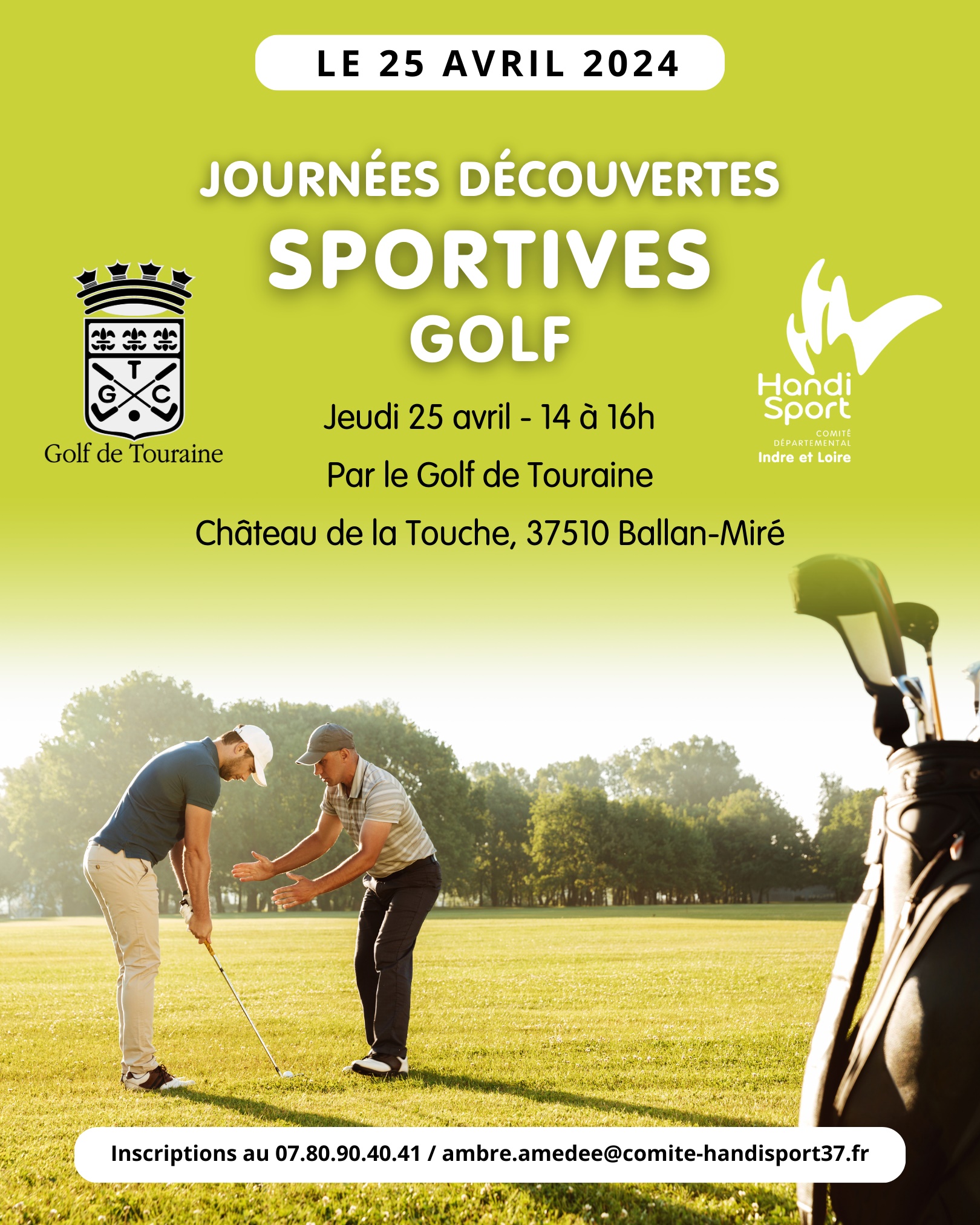 Affiche de la journée découvert du golf, sur un terrain de golf deux hommes sont face à face, un tiens le club et l'autre semble lui donner des conseils
