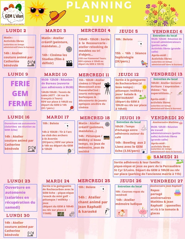 Calendrier une case par jour avec les activités