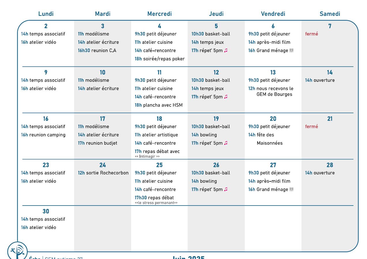 calendrier une case par jour avec les activités de la journée